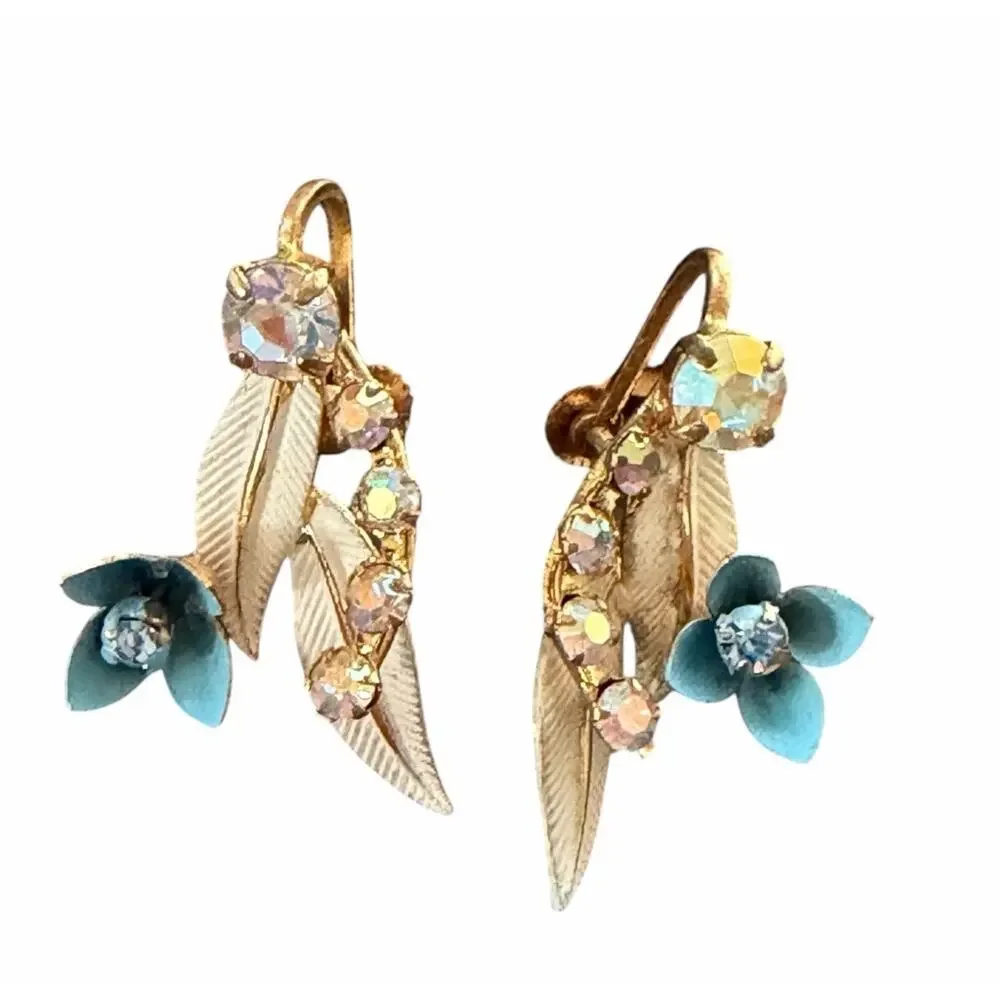 Vintage Austria AB Crystal Metal Floral & Leaf Painted Screw Back Earrings 50s